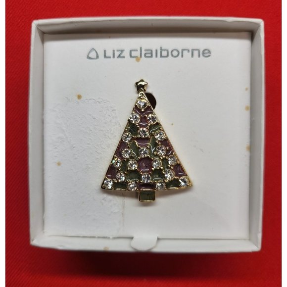 Liz Claiborne Christmas Tree Pin Mother of Pearl with Rhinestones Brooch - Picture 2 of 9